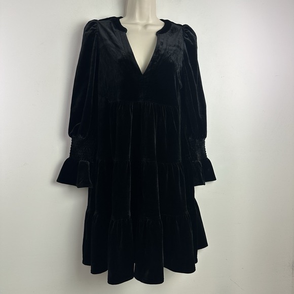 Pomander Place Dresses & Skirts - Pomander Place Dress Small Velvet Black Tiered Long Sleeve V Neck Cocktail Dress